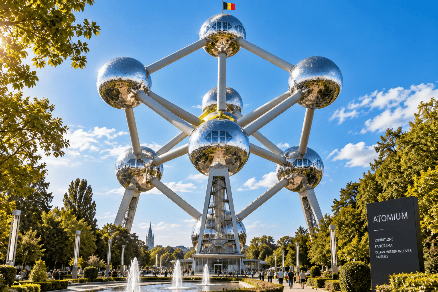 Atomium in Brussels with its iconic silver spheres viewed from the landscaped entrance area.