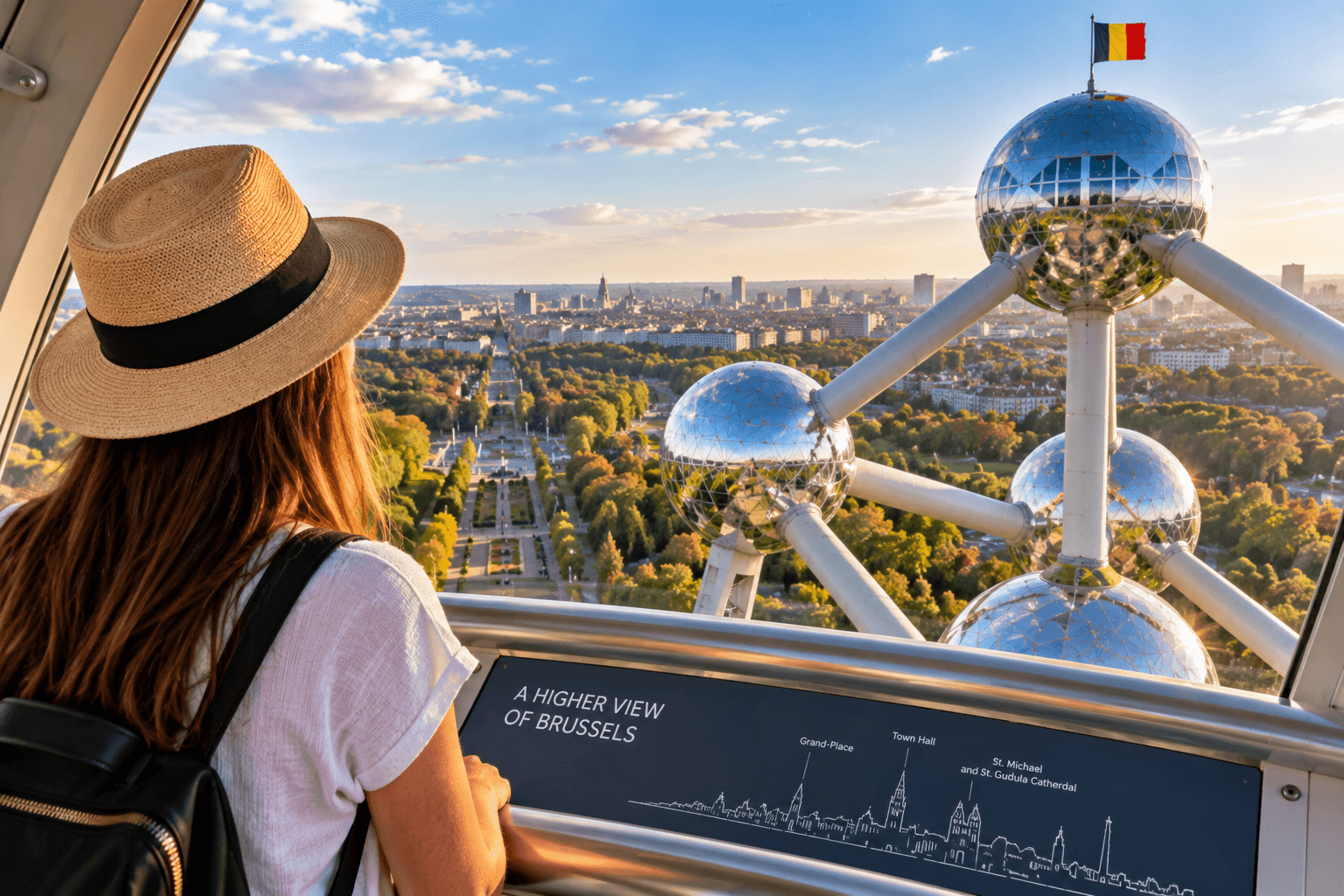 Visitor enjoying panoramic views of Brussels from inside the Atomium.